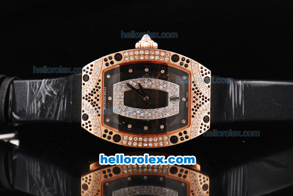 Richard Mille RM007 Automatic Movement Rose Gold Case with Diamond Hour Marker and Diamond Bezel-Black Leather Strap - Click Image to Close